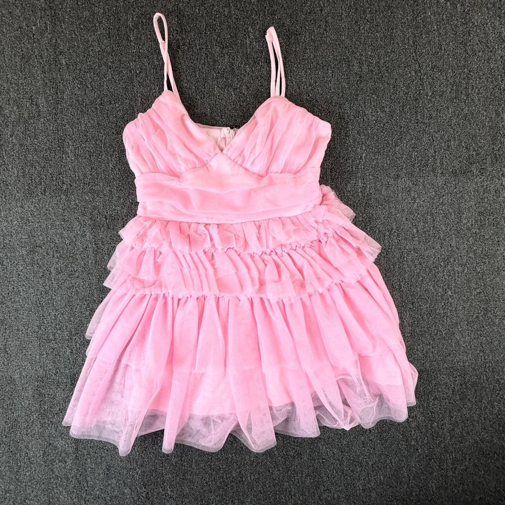 Lulus Pink Tulle Mini Dress Ruched V-Neck Tiered Ruffle Party Dress Womens Med - Picture 3 of 12